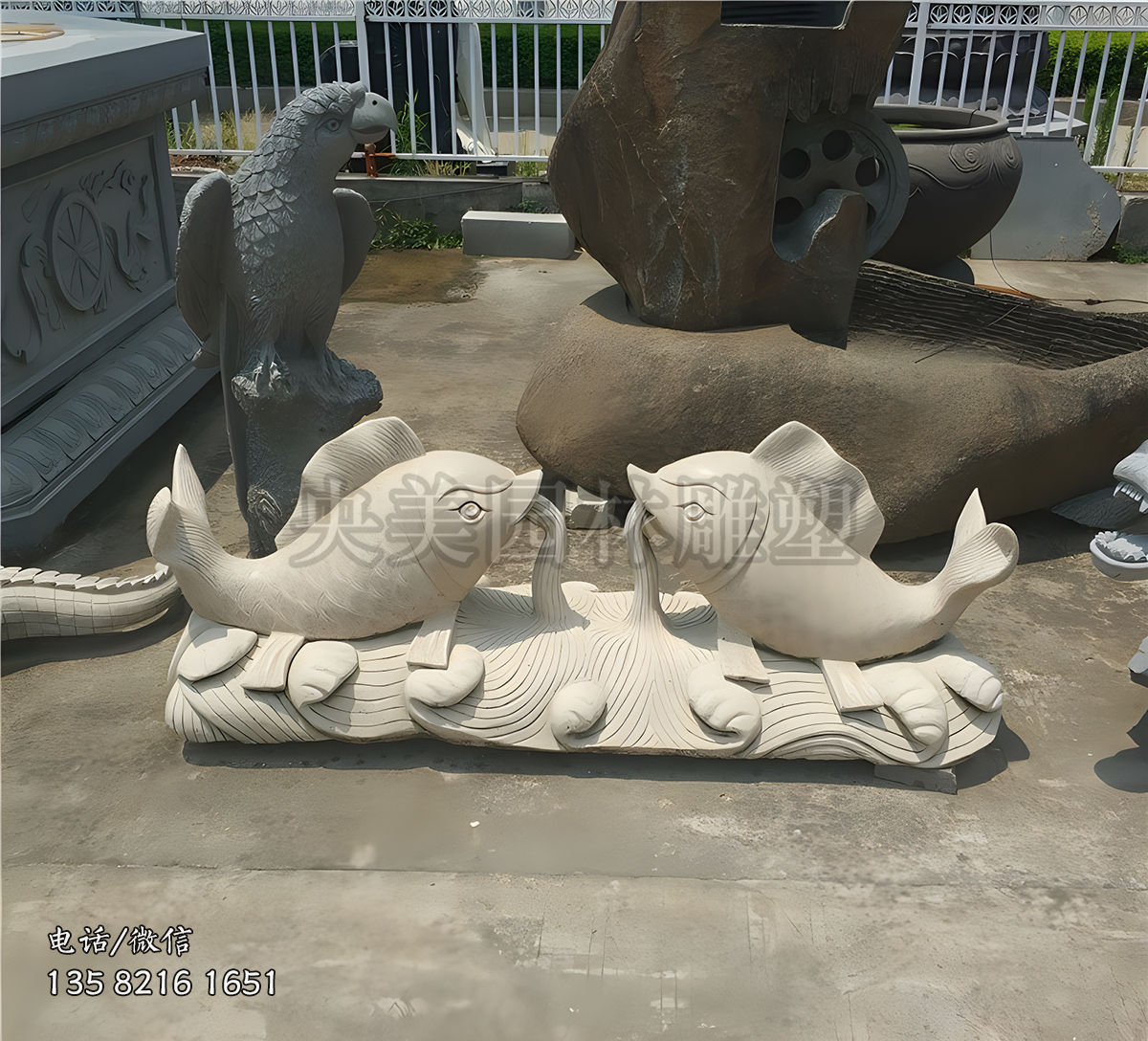 大理石吐水鯉魚雕塑擺件