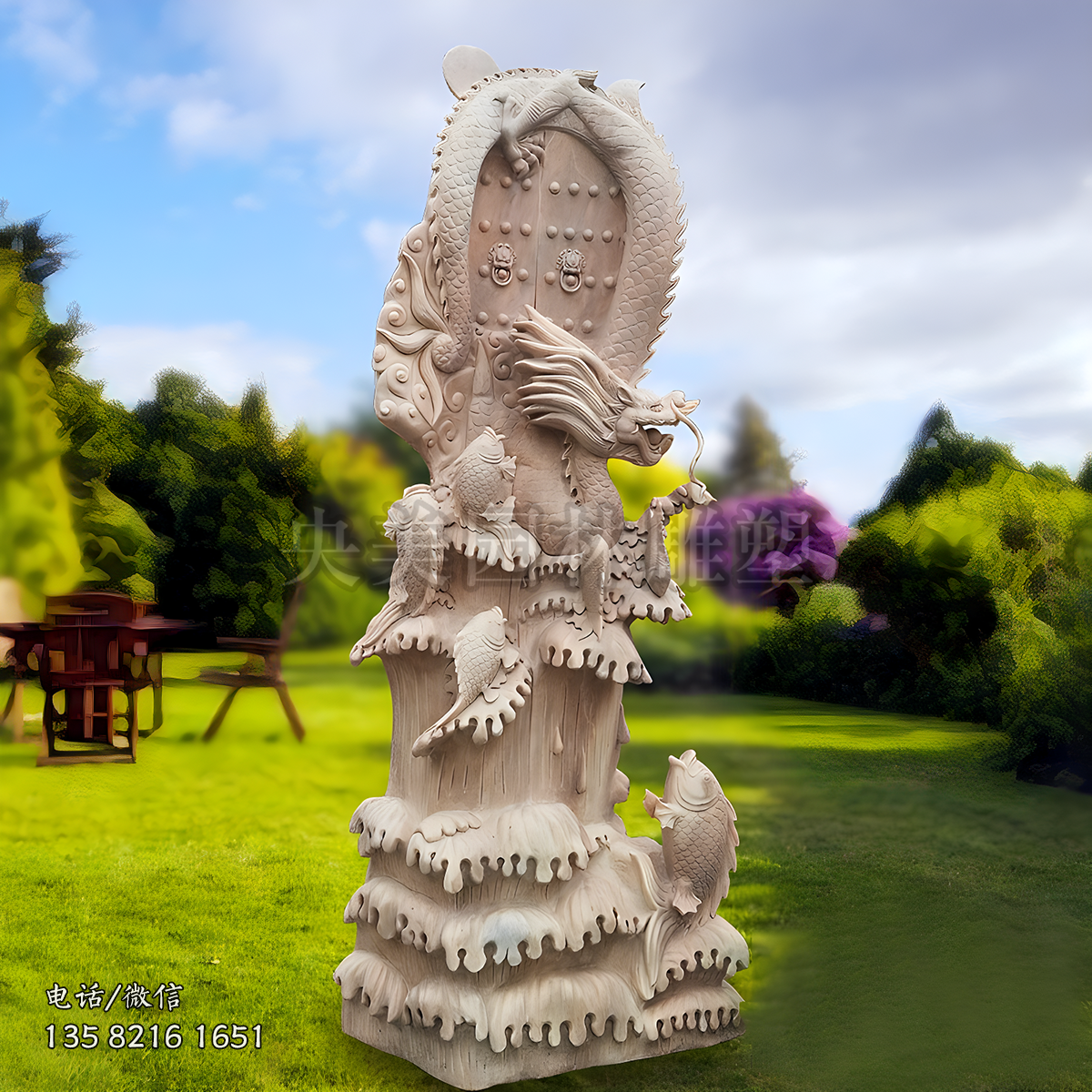 晚霞紅鯉魚躍龍門石雕景觀雕塑