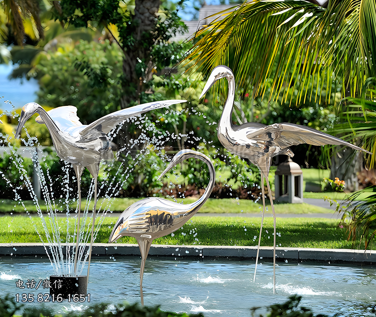 仿真不銹鋼鏡面仙鶴雕塑