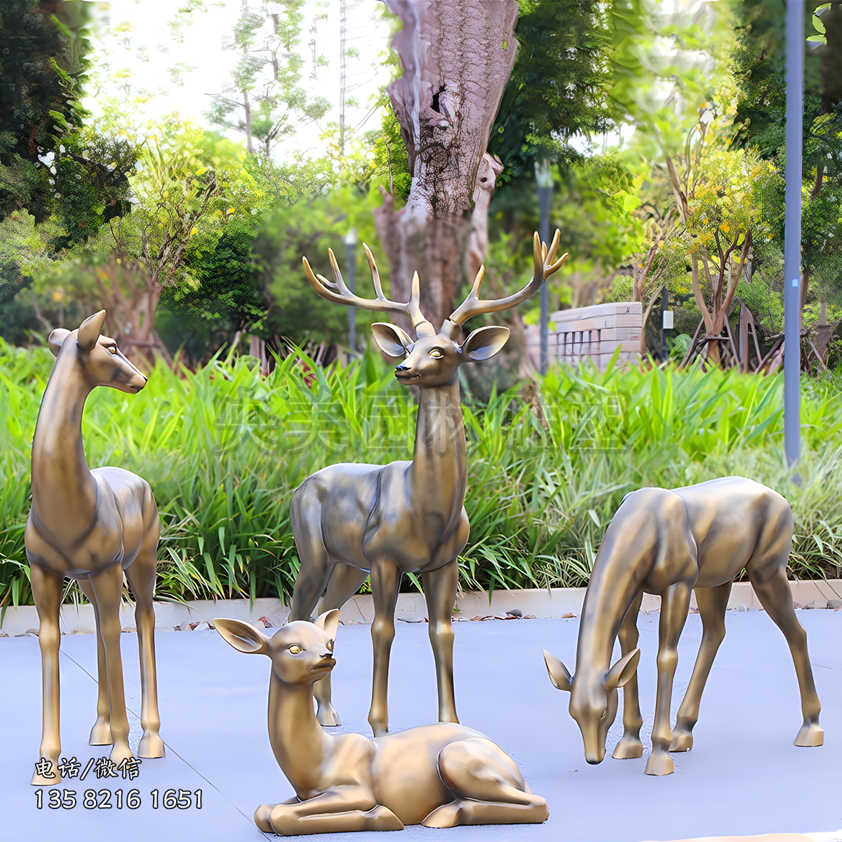 純銅色玻璃鋼仿銅梅花鹿雕塑