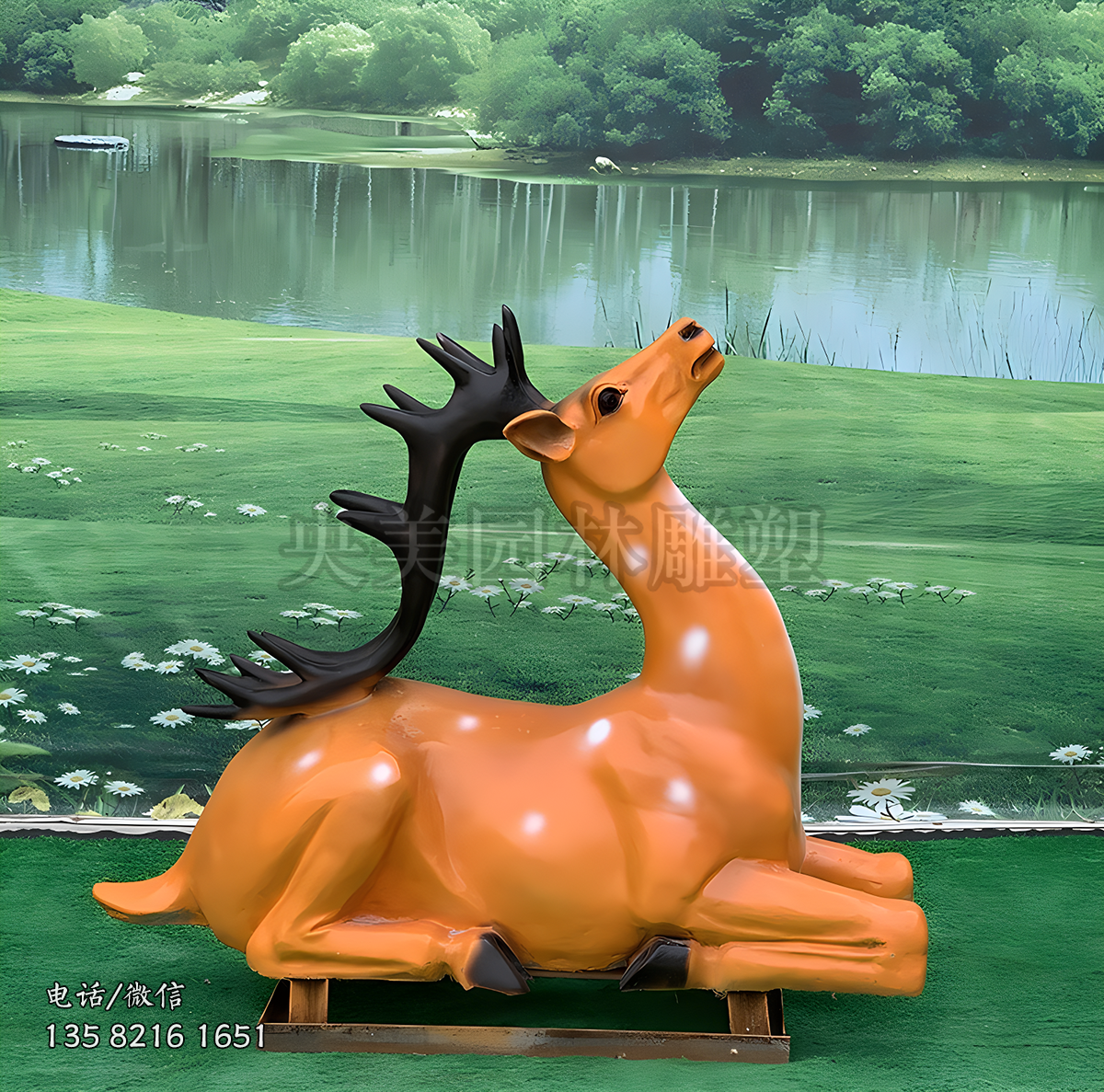 臥地抬頭的玻璃鋼仿真公鹿雕塑