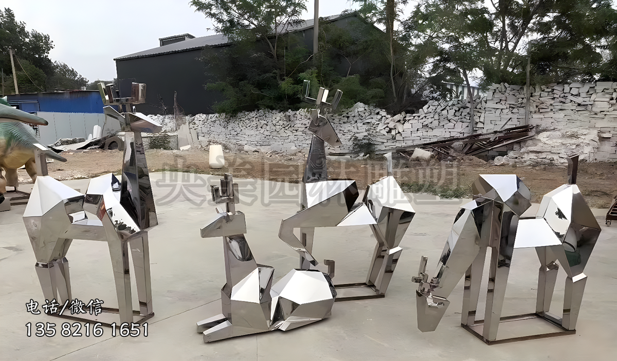 鏡面不銹鋼梅花鹿幾何形雕塑