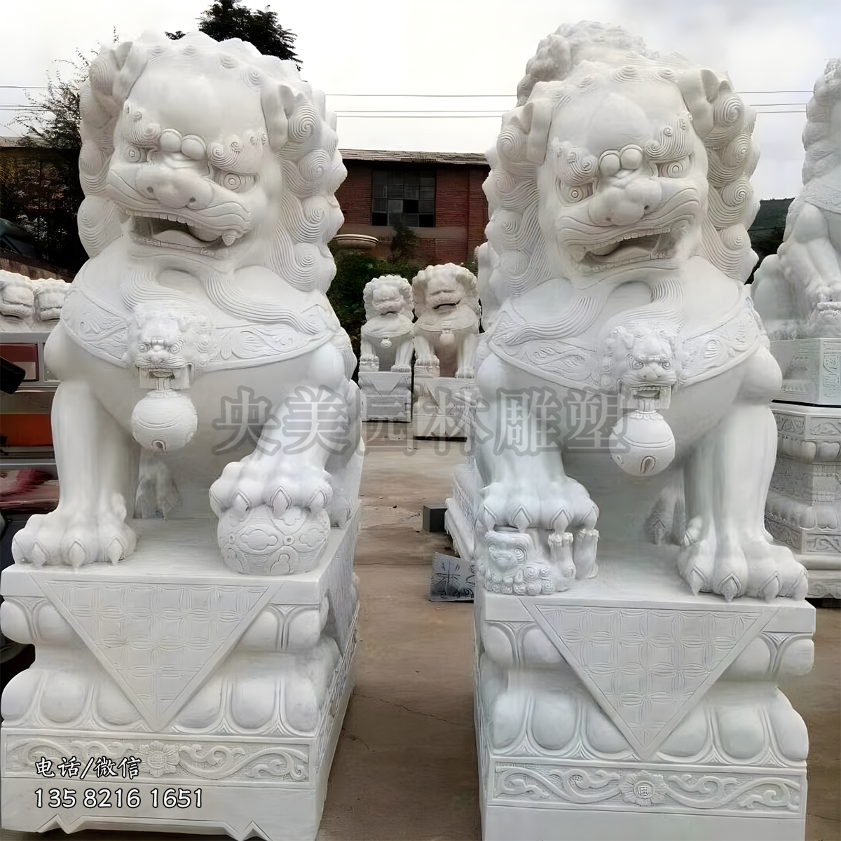 一對(duì)（一公一母）漢白玉石雕獅子