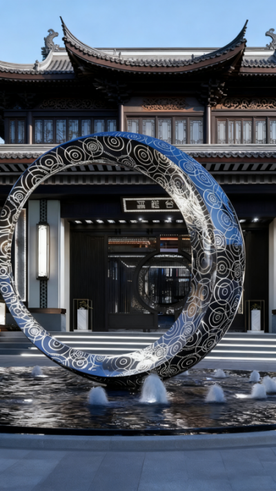 鏤空發(fā)光不銹鋼鏡面圓環(huán)雕塑