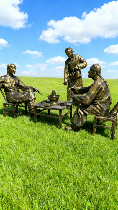 玻璃鋼仿銅吃火鍋的人物雕塑 (2)